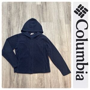 COLUMBIA navy size small (4-6) zip up soft fleece hooded sweater jacket. EEUC.